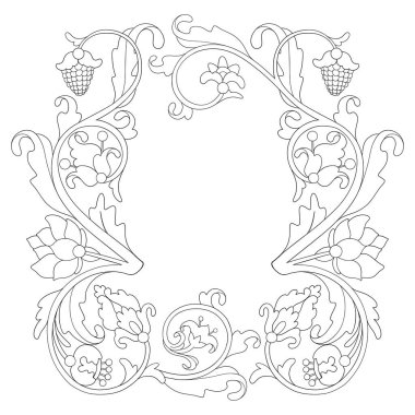 Süslü dalları ve çiçekleri olan zarif grafik çerçeve, ortaçağ süsleme tarzında, beyaz arkaplanda izole edilmiş vektör. Renklendirme kitabı sayfa tasarımı