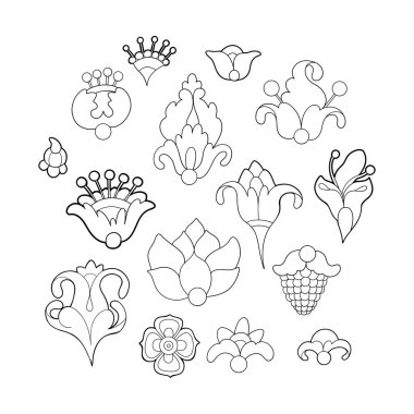 Bir dizi stilize edilmiş ortaçağ bitkileri. Beyaz arka planda izole edilmiş vektör grafik çiçek elementleri. Renklendirme kitabı sayfa tasarımı
