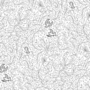 Dalları, yaprakları ve kuşları olan kusursuz grafik deseni, beyaz arka plandaki ortaçağ minyatürlerinden ve doğal botanik motiflerinden esinlenerek yapıldı. Renklendirme kitabı sayfa tasarımı