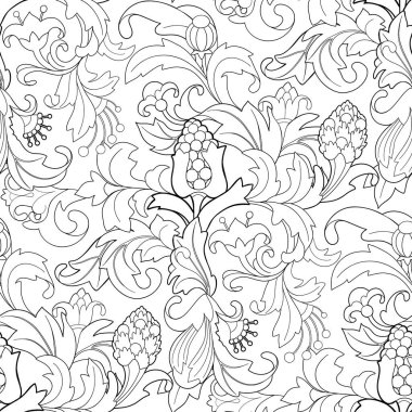 Beyaz arka planda gür botanik motifleri, kıvırcık yapraklar, canlı çiçekler ve böğürtlenler içeren vektörsüz grafik desen. Ortaçağ dekoratif tarzında boyama kitabı tasarımı