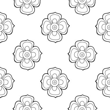 Beyaz arka planda tekrarlayan dört yapraklı basit çiçekleri içeren kusursuz bir grafik deseni. Renklendirme kitabı sayfa tasarımı