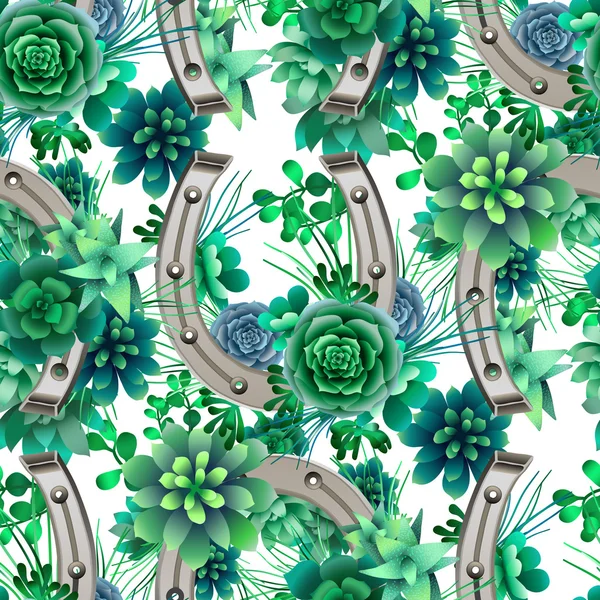 Pattern with horseshoes and succulents — 스톡 벡터