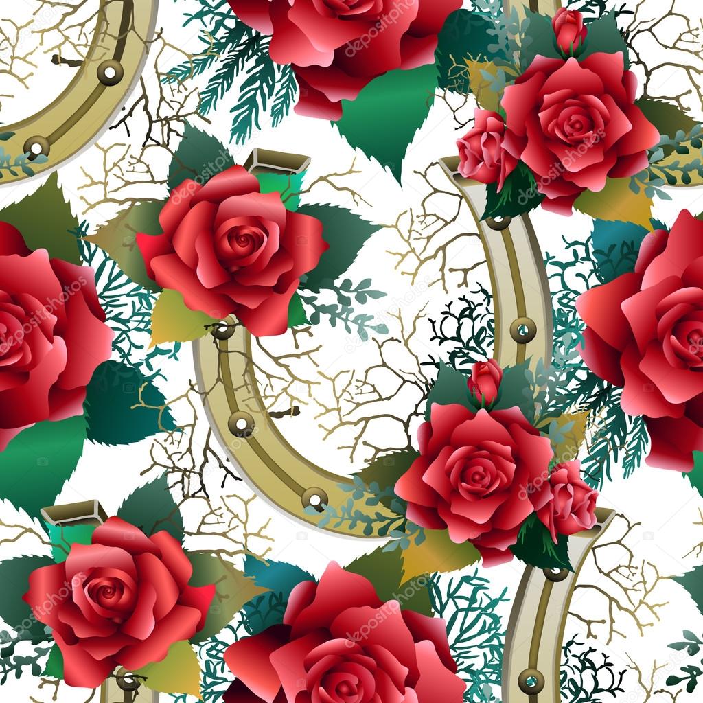 Pattern with horseshoes, rabbit foots and roses