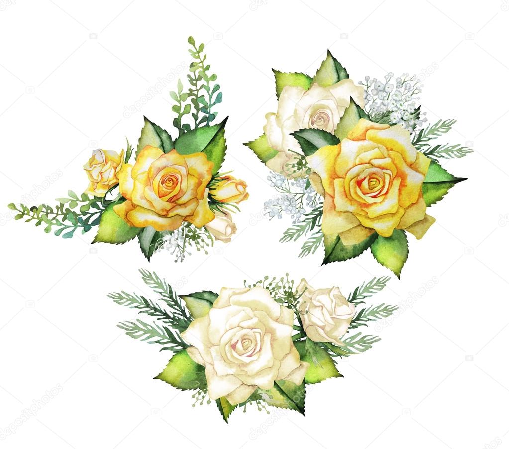 Watercolor yellow roses vignettes