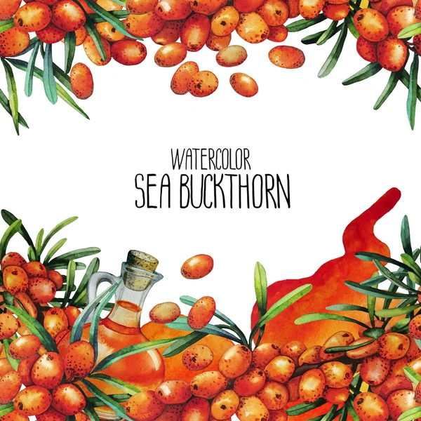 Watercolor sea buckthorn card — Stock Photo, Image