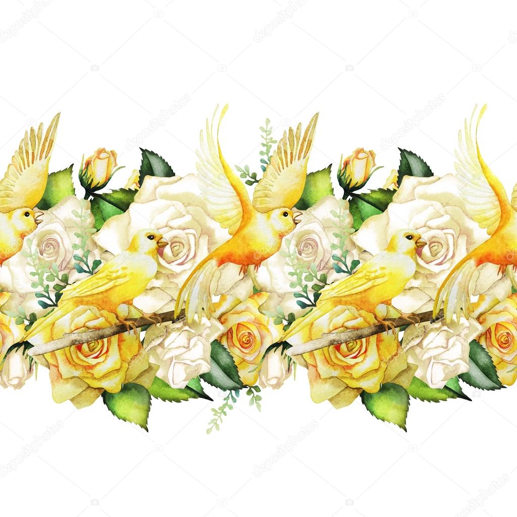 Watercolor  border with roses and canaries