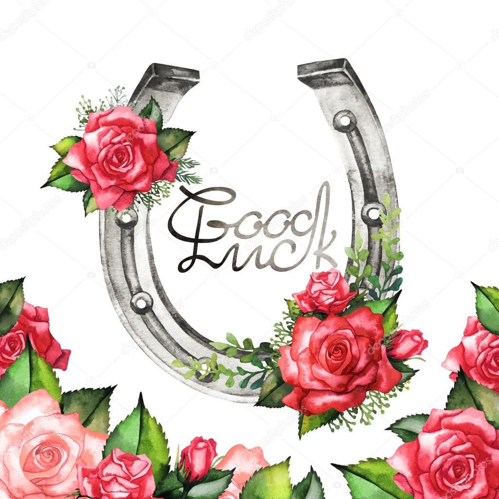 Horseshoes in golden color with red roses