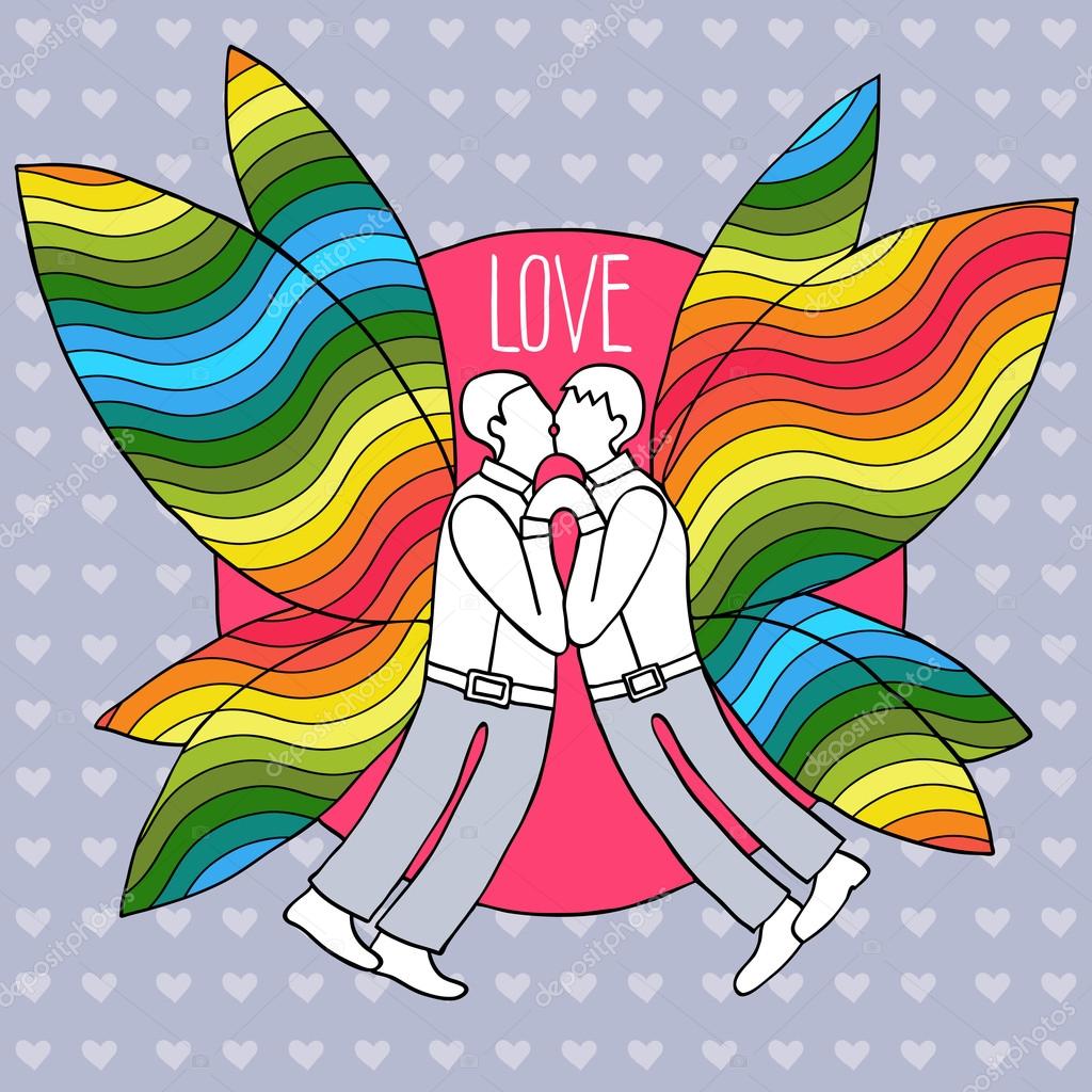 Coppia farfalle in giacca e cravatta Il Rainbow ha colorato le ali Modello semplice con cuori su priorit  bassa Disegno romantico di vettore