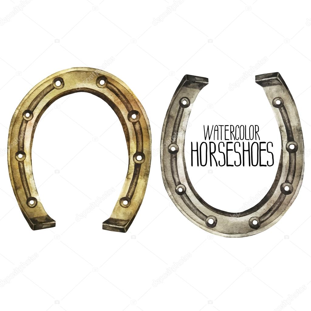 Watercolor horseshoes in golden and silver colors