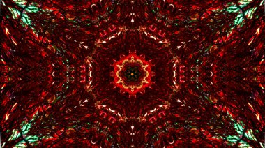 Bu dijital mandala çarpıcı bir görsel etki yaratan koyu kırmızı, yeşil ve siyah renkli karmaşık, simetrik desenler içerir..