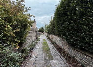 Viktorya döneminden kalma dar bir kaldırım taşı geçidi yıpranmış taş duvarlar ve aşırı büyümüş yeşillikler arasında kayar. Manningham Lane 'in yukarısında bulutlu bir gökyüzü asılı, Bradford, İngiltere' de kasvetli bir sessizlik var..