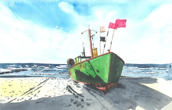 Schip zee zand aquarel — Stockfoto