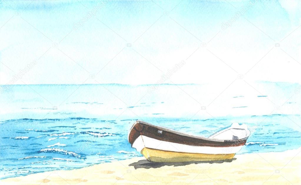 ship sea sand watercolor