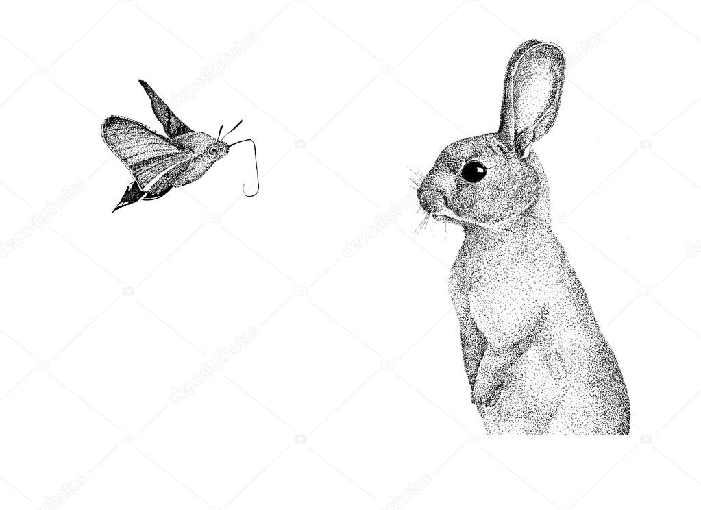 Graphics handmade rabbit, hare pointillism, watercolor, little moth, hand-drawn