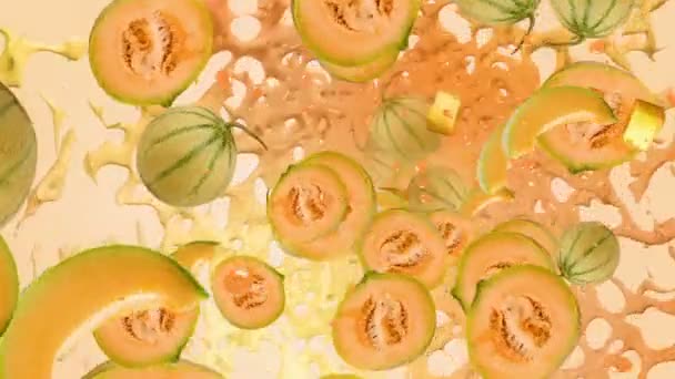 Frische Melonen fliegen — Stockvideo