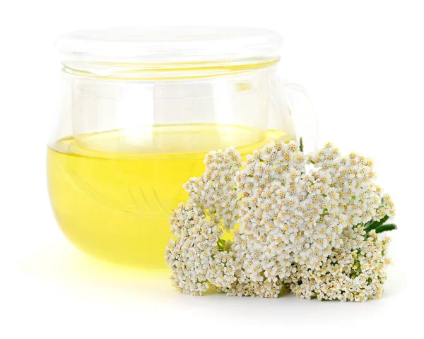 Beyaz arka planda izole edilmiş taze beyaz çiçekli sarı bitki bahçesi çayı. Antioksidan ve şifalı bitkiler açısından zengin doğal organik içecek.