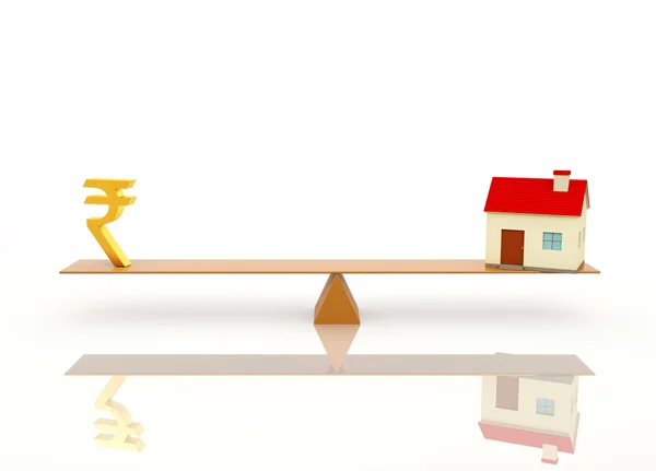 Indian Rupee Symbol with Home Model on Seesaw — Stock Photo, Image