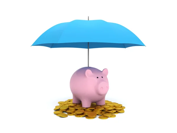 Guarda-chuva e Piggy Bank em moeda de ouro — Fotografia de Stock