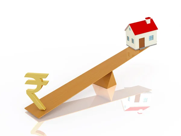 Indian Rupee Symbol with Home Model on Seesaw — Stock Photo, Image