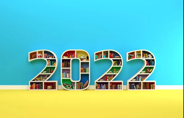 New Year 2022 Creative Design Concept Book Shelf Rendered Image — Stockfoto