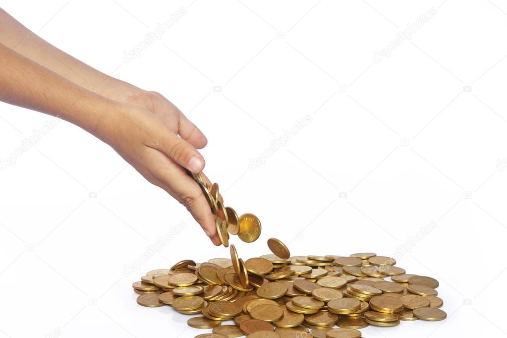 Man Hands Droping the Gold Coins