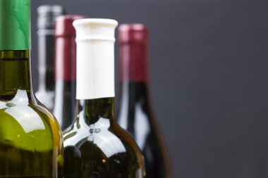 Gri arka planda izole edilmiş şarap şişeleri.