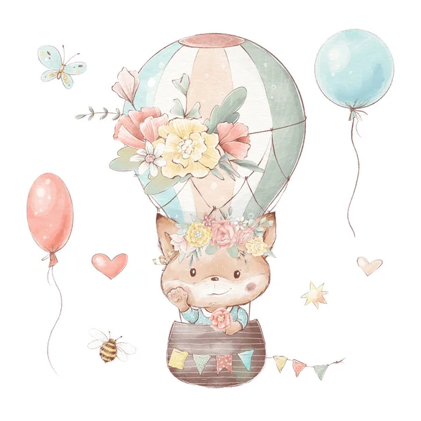 Set of cute cartoon fox in a hot air balloon.