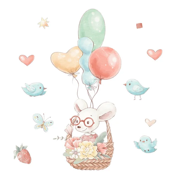 Set of cute cartoon mouse in a basket with flowers and balloons.