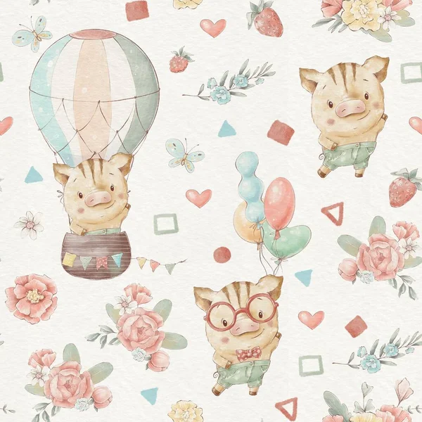 Seamless pattern cute cartoon animals fly in a hot air balloon.