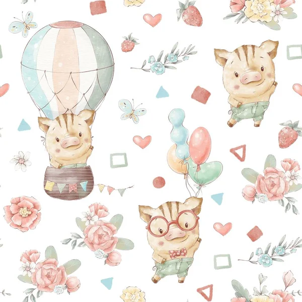 Seamless pattern cute cartoon animals fly in a hot air balloon.