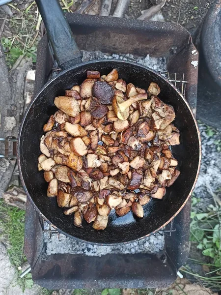 在火上的锅里煎蘑菇 — 图库照片