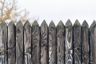 Çitin tepesi keskinleştirilmiş ahşap kütüklerden yapılmıştır. Tahtanın yapısı ateş tedavisiyle vurgulanır. Arka plan bir ağacın dallarını ve gri gökyüzünü gösteriyor. Geçmişi. Doku.