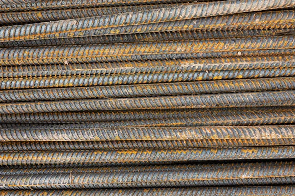 Many Steel Bars Laid Horizontally Rust Visible Ribbed Metal Surface — Stock Photo, Image