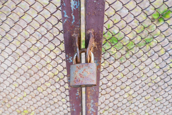 Das Alte Gittertor Ist Mit Einem Metallschloss Verschlossen Gibt Farbspuren — Stockfoto