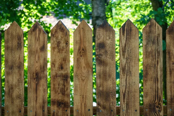 Sivri uçlu dekoratif ateşlenmiş ahşap kalaslardan yapılmış bir çit parçası. Çitin arkasında, güneşin aydınlattığı yeşil ağaçları görebilirsiniz. Geçmişi. Doku. 