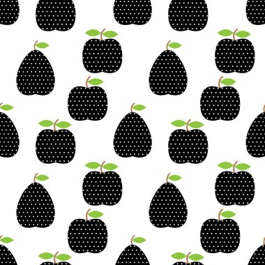 Puantiyeli meyveli kusursuz desen. Elma ve armut beyaz arka planda izole edilmiş noktalar halinde. Siyah beyaza
