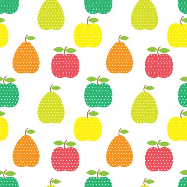 Puantiyeli meyveli kusursuz desen. Beyaz arkaplanda elma ve armut izole edilmiş..