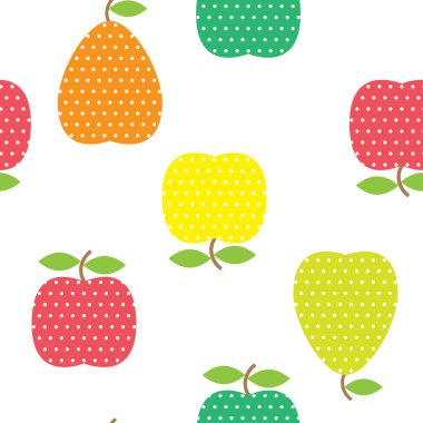 Puantiyeli meyveli kusursuz desen. Beyaz arkaplanda elma ve armut izole edilmiş..
