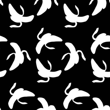 Siyah zemin üzerinde muz silueti olan kusursuz bir desen. Vektör illüstrasyonu.