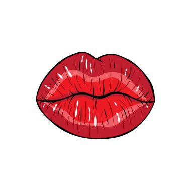 Vektör çizimi. Seksi kırmızı dudaklar, beyaz arkaplandaki dudaklar çizgi roman tarzında. Yazdırma için vektör illüstrasyonu. 