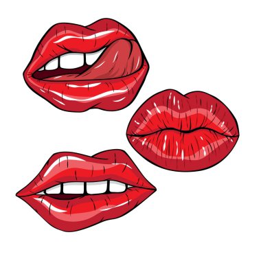 Vektör çizimi. Çizgi roman tarzında beyaz arkaplanda üç seksi kırmızı dudak. Yazdırma için vektör illüstrasyonu. Dudaklar hazır..