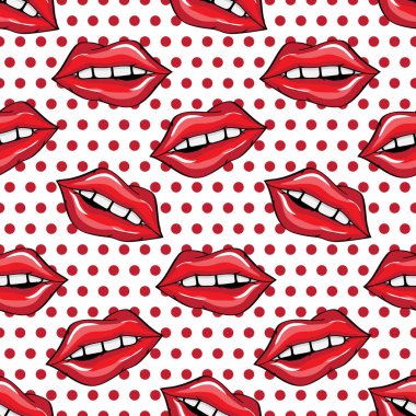 Kırmızı noktalı beyaz arkaplanda kırmızı seksi dudakların vektörsüz deseni. Yazdırma için vektör illüstrasyonu. Paket kağıdı, sevgililer günü, selamlama, aşk.