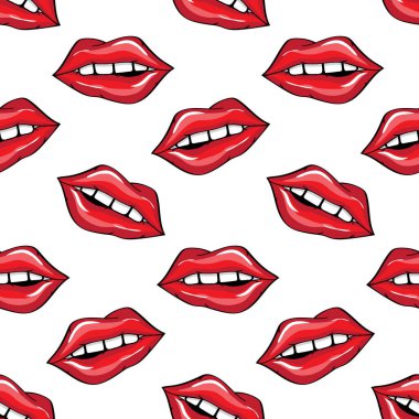 Beyaz arka planda kırmızı seksi dudakların vektörsüz deseni. Yazdırma için vektör illüstrasyonu. Paket kağıdı, sevgililer günü, selamlama, aşk.