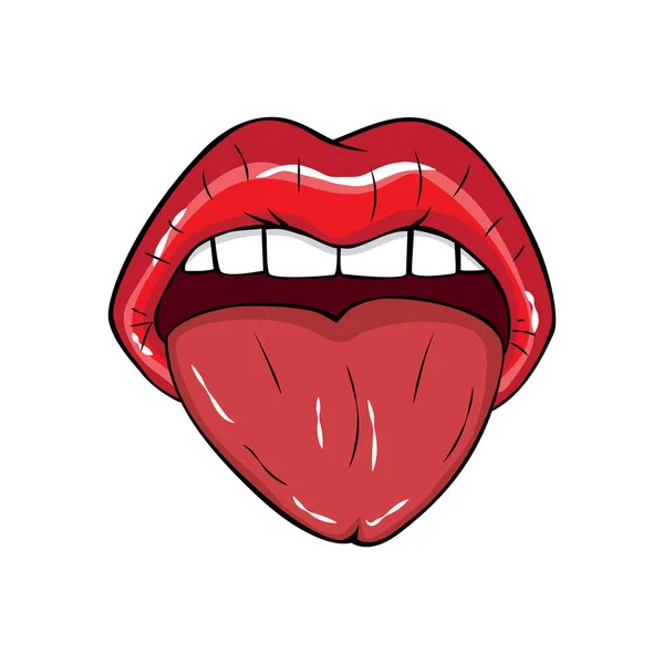 Εικονογράφηση Διανύσματος Σέξι Κόκκινα Χείλη Και Γλώσσα Απομονωμένα Λευκό Φόντο — Διανυσματικό Αρχείο