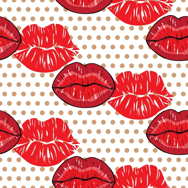 Nahtloses Muster Mit Roten Lippen Kuss Mit Aufdruck Auf Gepunktetem — Stockvektor
