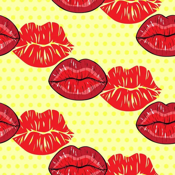 Nahtloses Muster Mit Roten Lippen Kuss Mit Aufdruck Auf Gelbem — Stockvektor