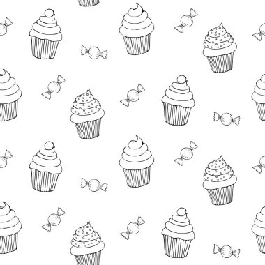 Beyaz arkaplanda karalama klasiği biçiminde keklerle kusursuz vektör deseni. 