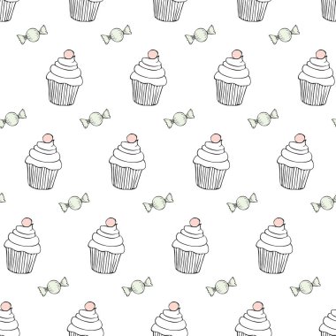 Beyaz arkaplanda karalama klasiği biçiminde keklerle kusursuz vektör deseni. 