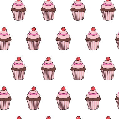 Vektörde kusursuz tatlı kek arkaplan modeli. Beyaz arka plan. Kirazlı kusursuz desenli kek..