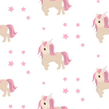 Vektör çizimi. Gökyüzünde tek boynuzlu at ve gökkuşağı pembe arka planda bulutlar.